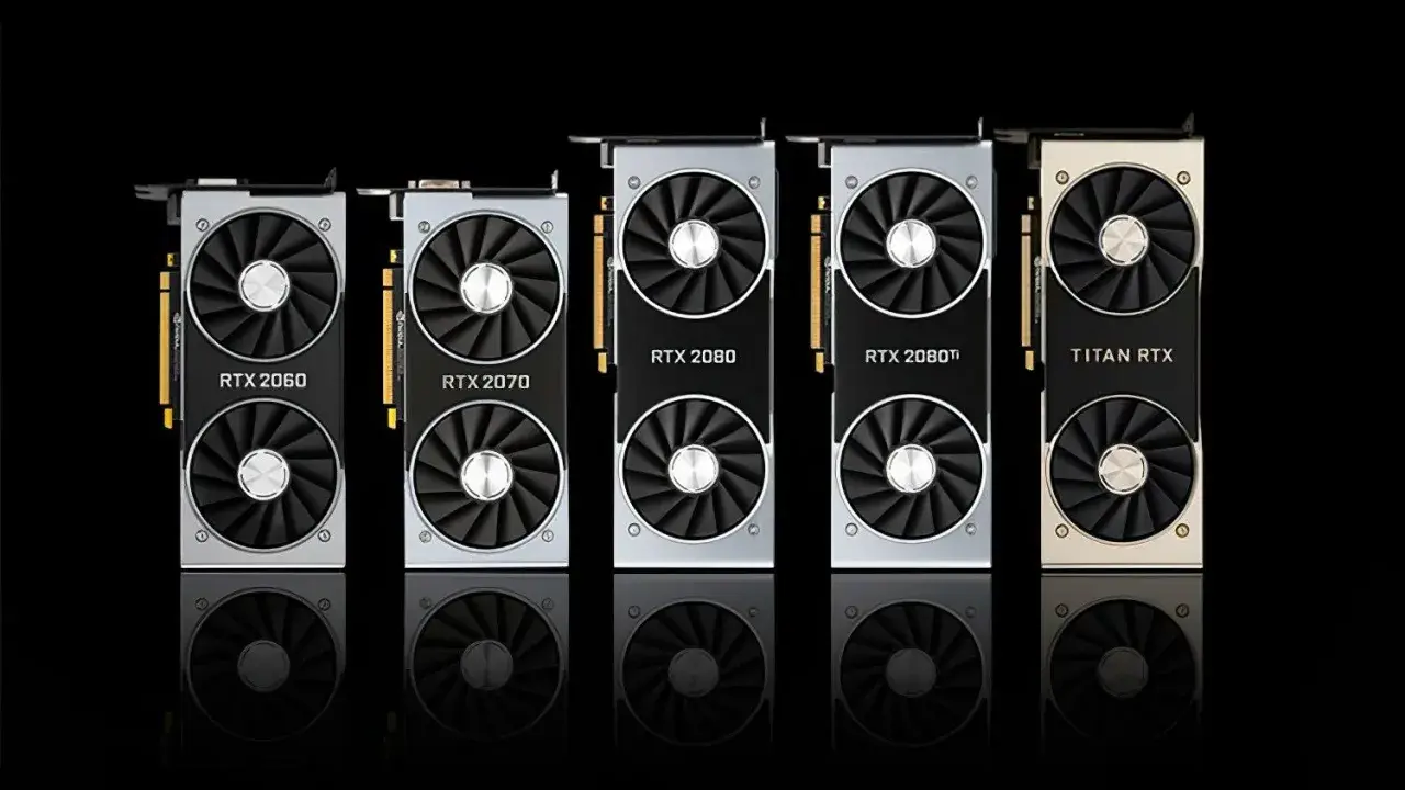 Cinq cartes graphiques NVIDIA RTX 2060, 2070, 2080, 2080 Ti et Titan RTX alignées. Une véritable tier list carte graphique pour les gamers.