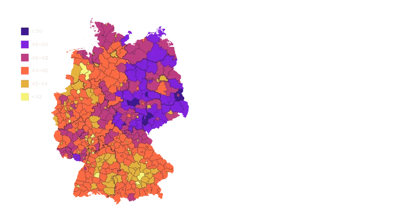 Karte Deutschlands mit farbkodierten Regionen, die unterschiedliche Werte darstellen. Die Legende zeigt Werte von ≥ 50 (dunkelblau) bis < 42 (gelb). Dies könnte gesellschaftlichen Wandel in verschiedenen Gebieten visualisieren.
