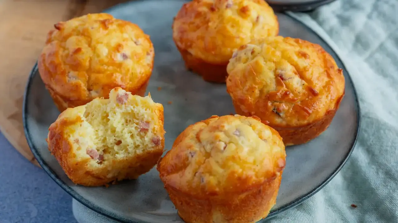 Fünf herzhafte Muffins mit Speck und Käse auf einem grauen Teller. Einer ist angeschnitten und zeigt die saftige Krume.