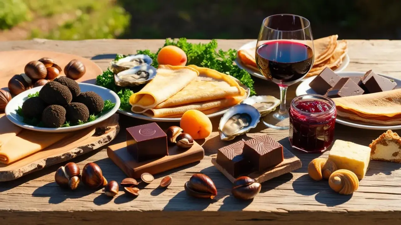 Un festin de saveurs françaises : huîtres, crêpes, marrons, chocolat et vin rouge, un plat typique français par région.