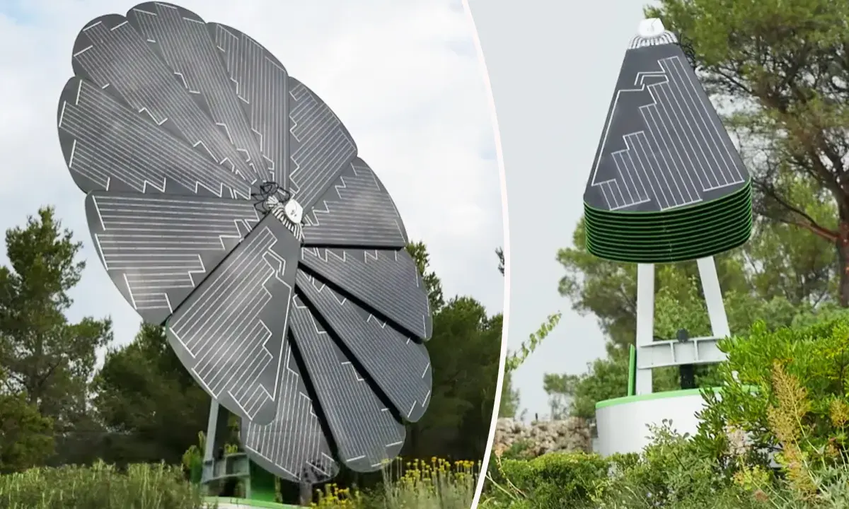 Un tournesol solaire, ouvert comme une fleur, capte la lumière. Fermé, il ressemble à un cône futuriste.