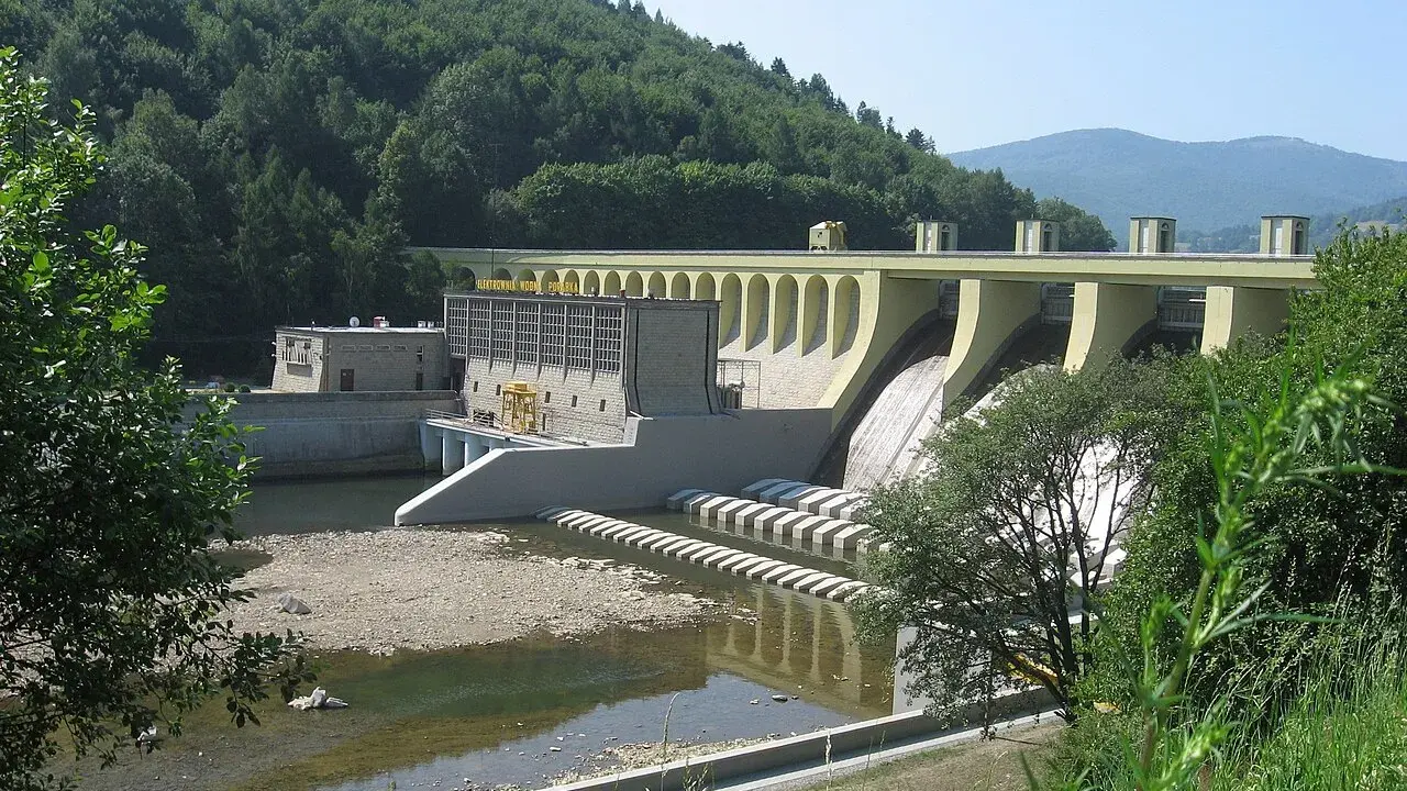 Zapora wodna w Porąbce, z charakterystycznymi łukami i budynkiem elektrowni. Otoczona zielonymi wzgórzami.