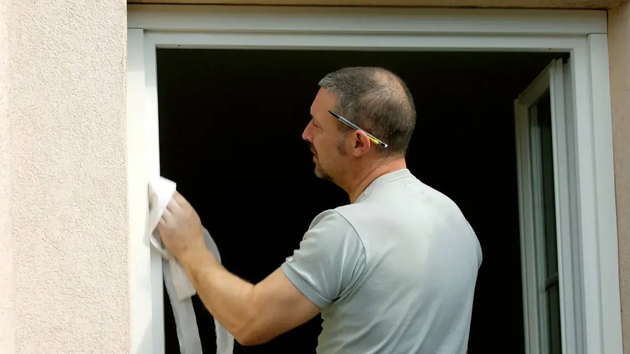 Homme en cours de pose de fenêtre en rénovation, nettoyant le cadre avec un chiffon. Un crayon est coincé derrière son oreille.