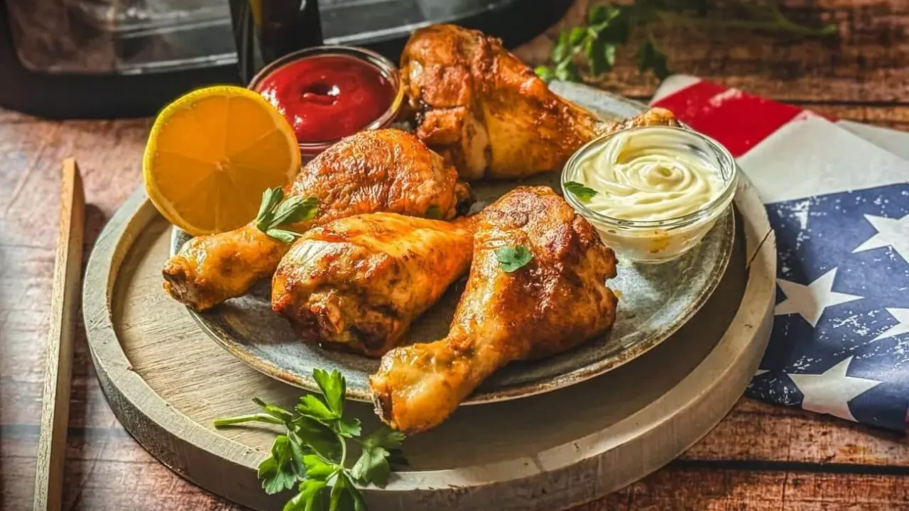 Saftige drumsticks aus dem Airfryer, serviert mit Ketchup, Mayonnaise und Zitrone. Perfekt für einen leckeren Snack!