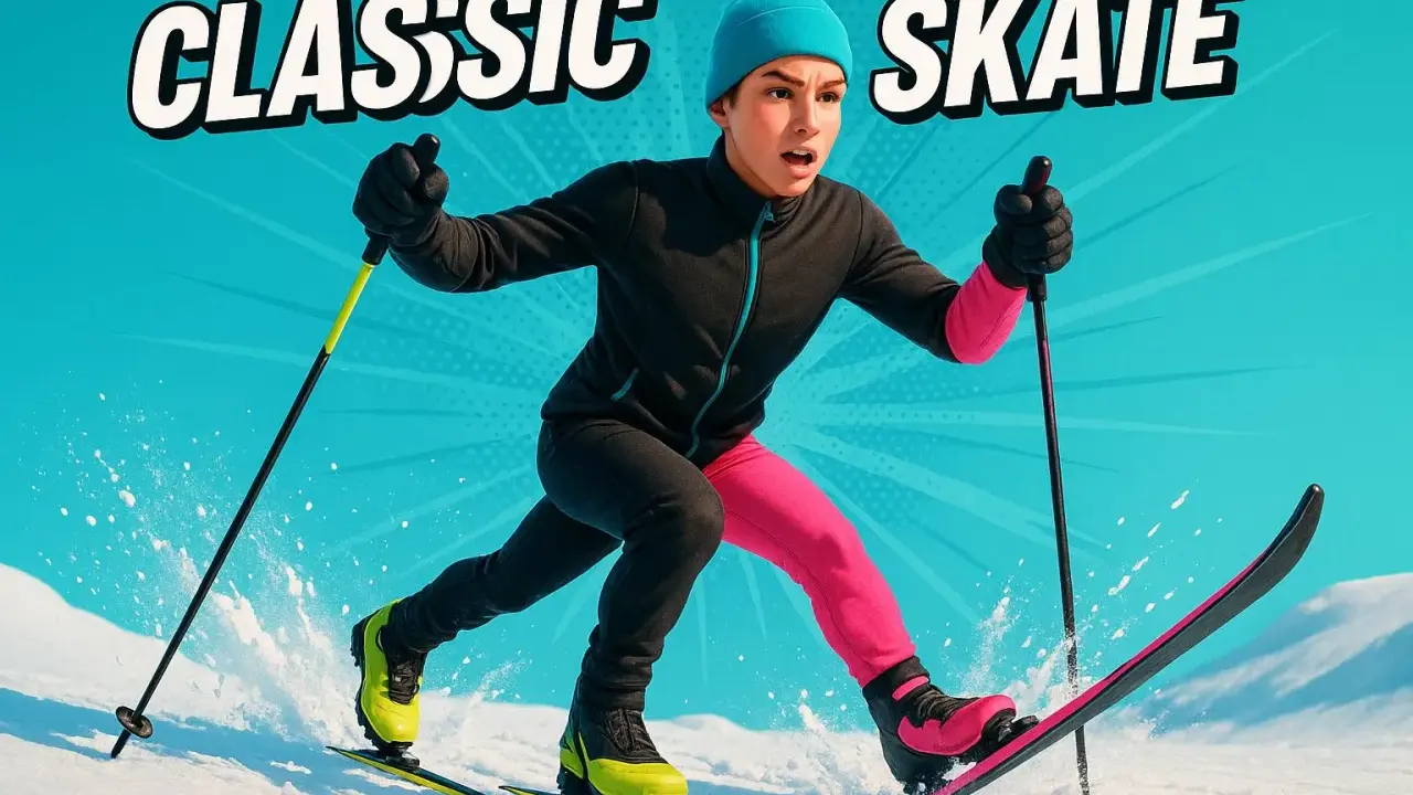 Ungdom åker skate-skidor, med texten "CLASSIC SKATE". En bra fråga är hur långa skidor man ska ha för att åka fort.
