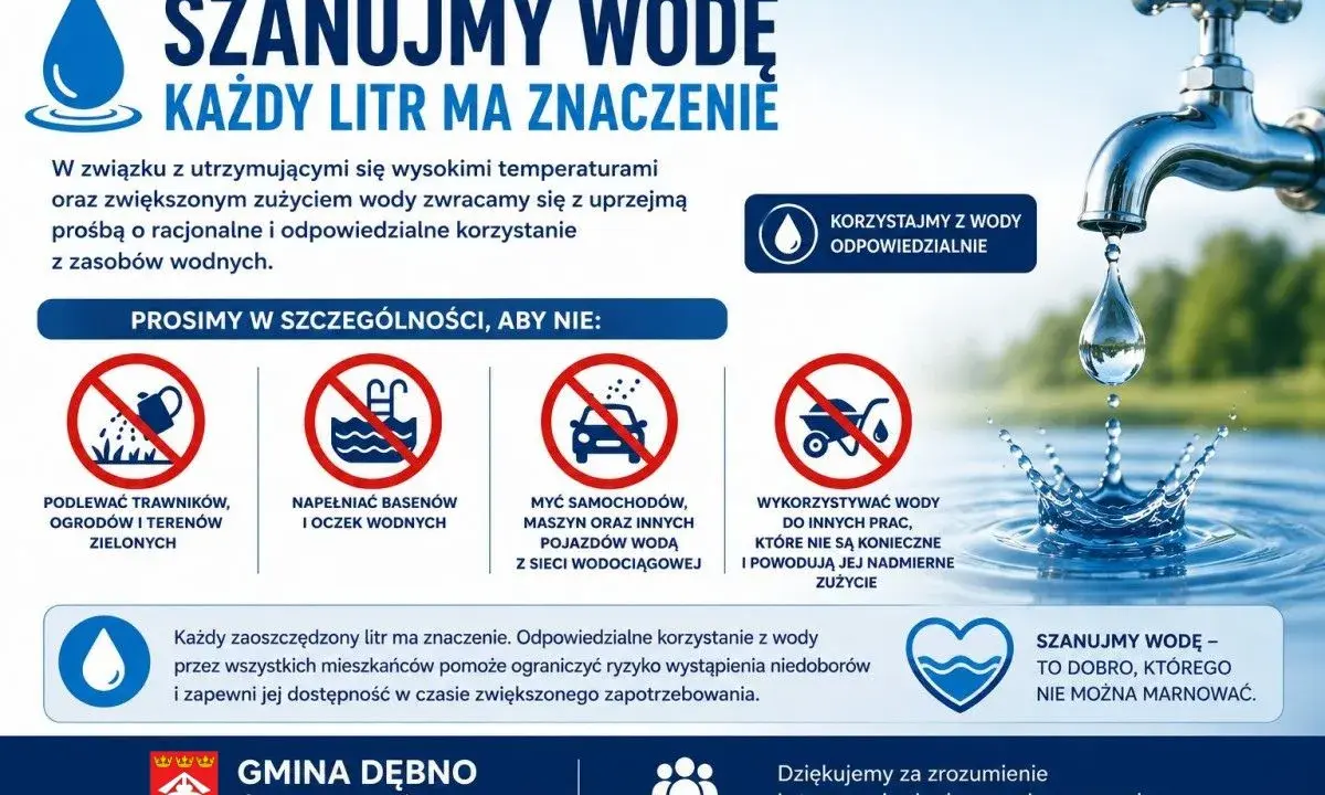 Kran z kroplą wody symbolizuje oszczędzanie wody. Plakat przypomina o racjonalnym korzystaniu z zasobów wodnych, podkreślając, że każdy litr ma znaczenie.