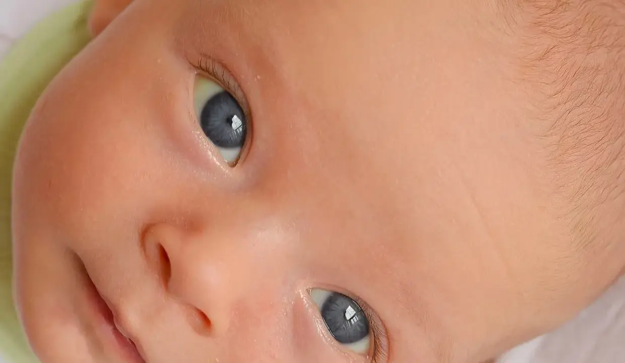 Occhi azzurri di neonato, pelle chiara, con un leggero alone giallo ittero che non preoccupa.