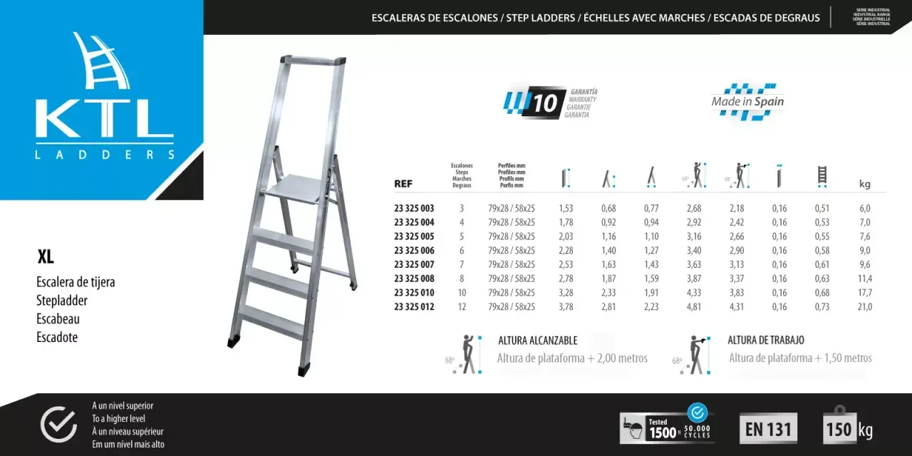 Catálogo de tipos de escaleras de trabajo KTL. Escalera de tijera XL con tabla de especificaciones y medidas.