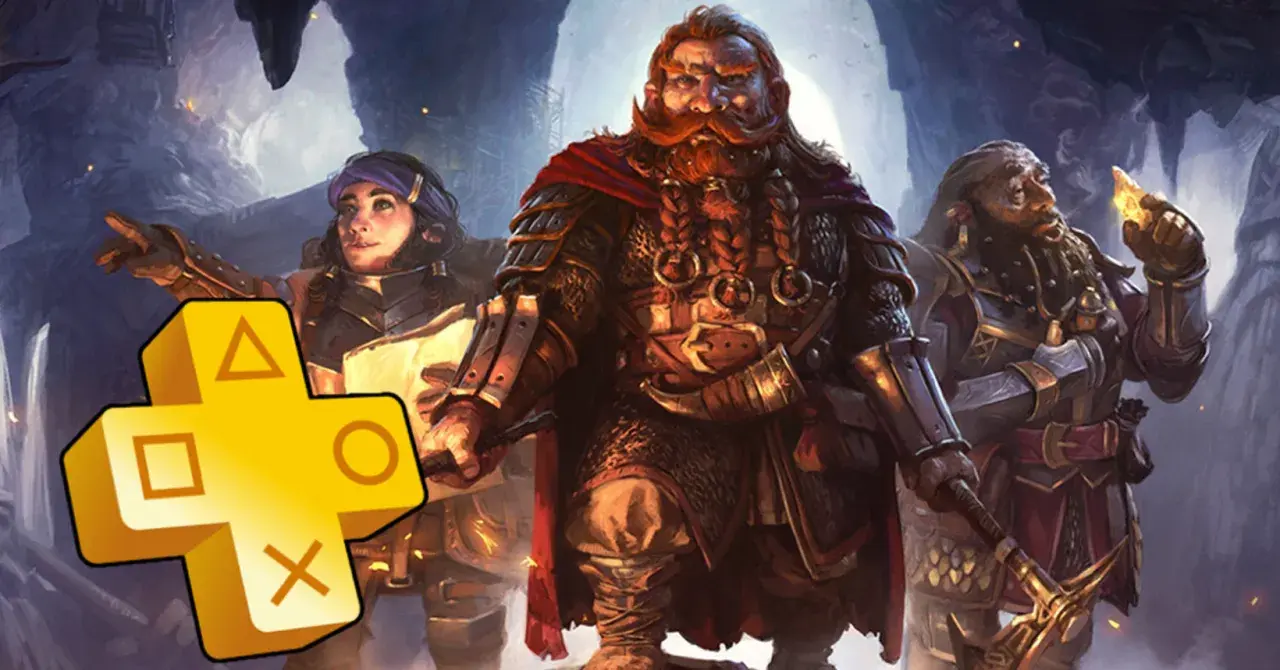 Trzech krasnoludów w zbrojach, z brodami i w jaskini. Obok żółte logo PlayStation Plus, zapowiadające gry na marzec.