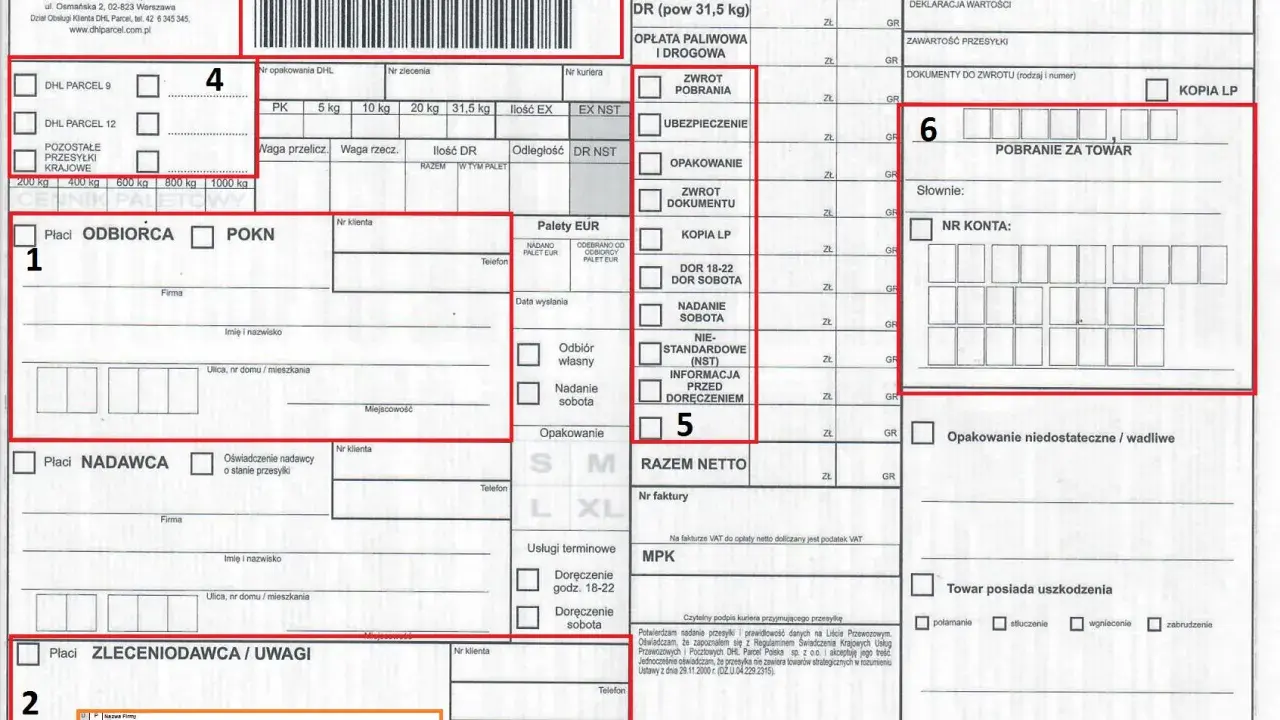 List przewozowy DHL zawiera dane nadawcy, odbiorcy, informacje o przesyłce i opłatach. To dokument potwierdzający nadanie paczki.