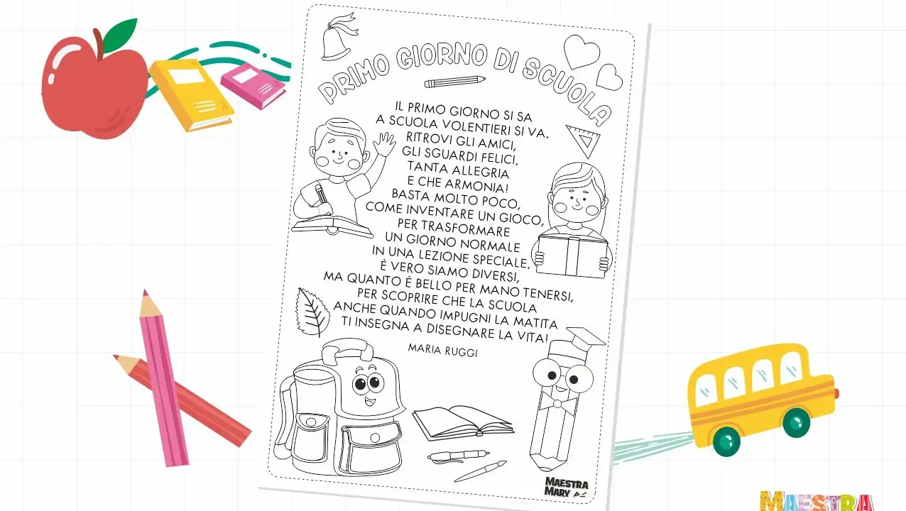 Pagina da colorare con una filastrocca del nuovo anno scolastico, con bambini, libri, matite, zaino e scuolabus.