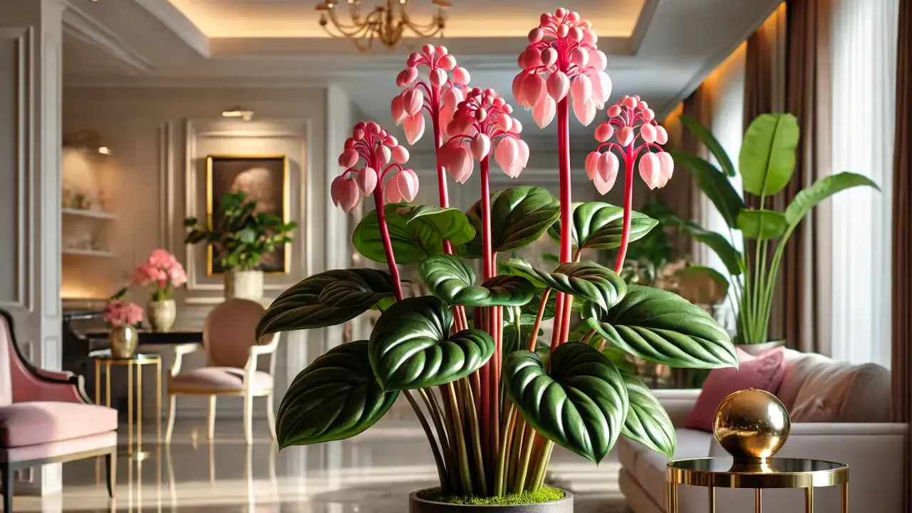 Kwiat medinilla z różowymi kwiatostanami i dużymi, zielonymi liśćmi w eleganckim wnętrzu.