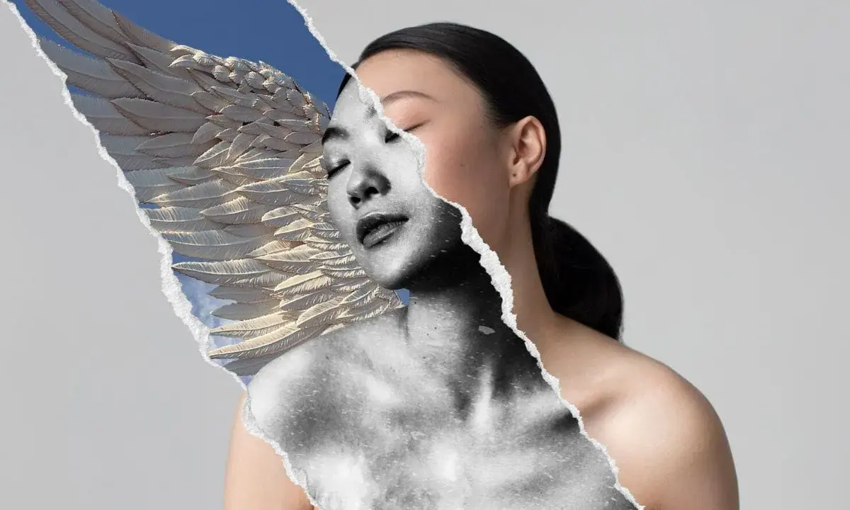 A torn collage reveals an Asian woman's face and body, with a feathered wing and sky on the left. One of the best portraits.