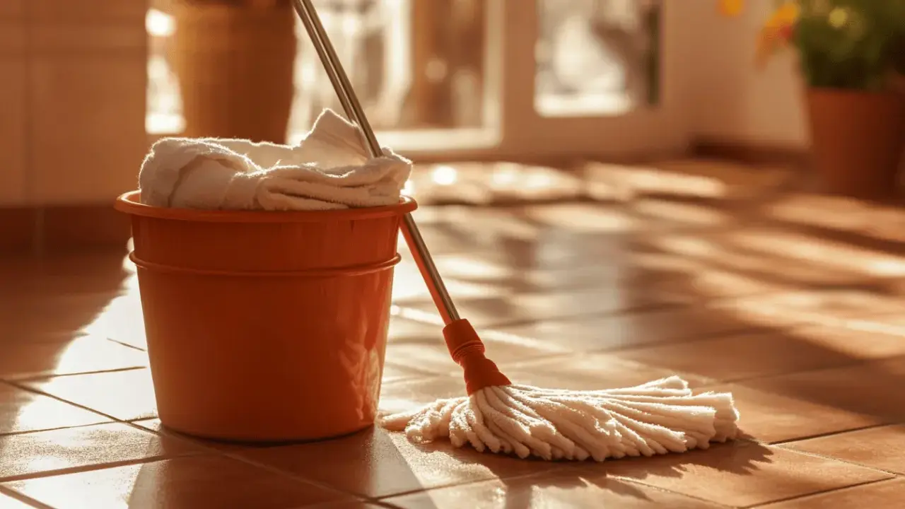 Seau orange avec serpillère et serviette, prêt pour le nettoyage de terre cuite avec bicarbonate de soude.