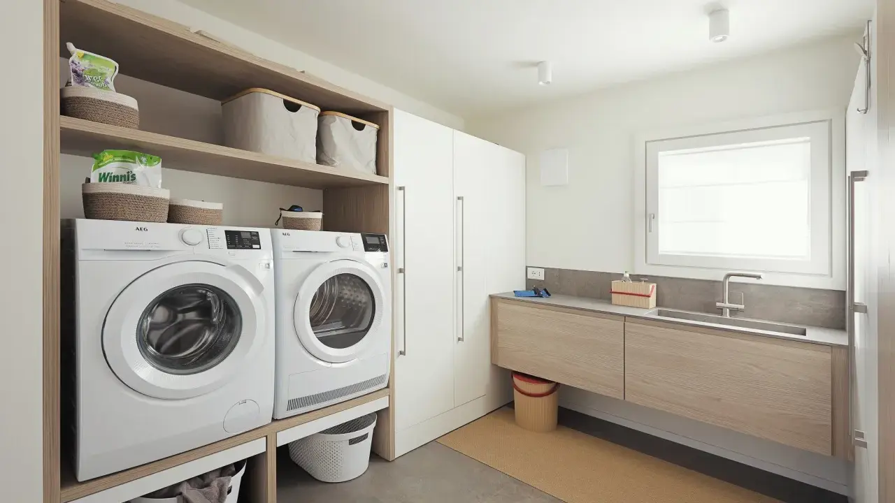Progetto bagno con lavanderia: lavatrice, asciugatrice, lavabo e armadi. Soluzione funzionale e moderna.