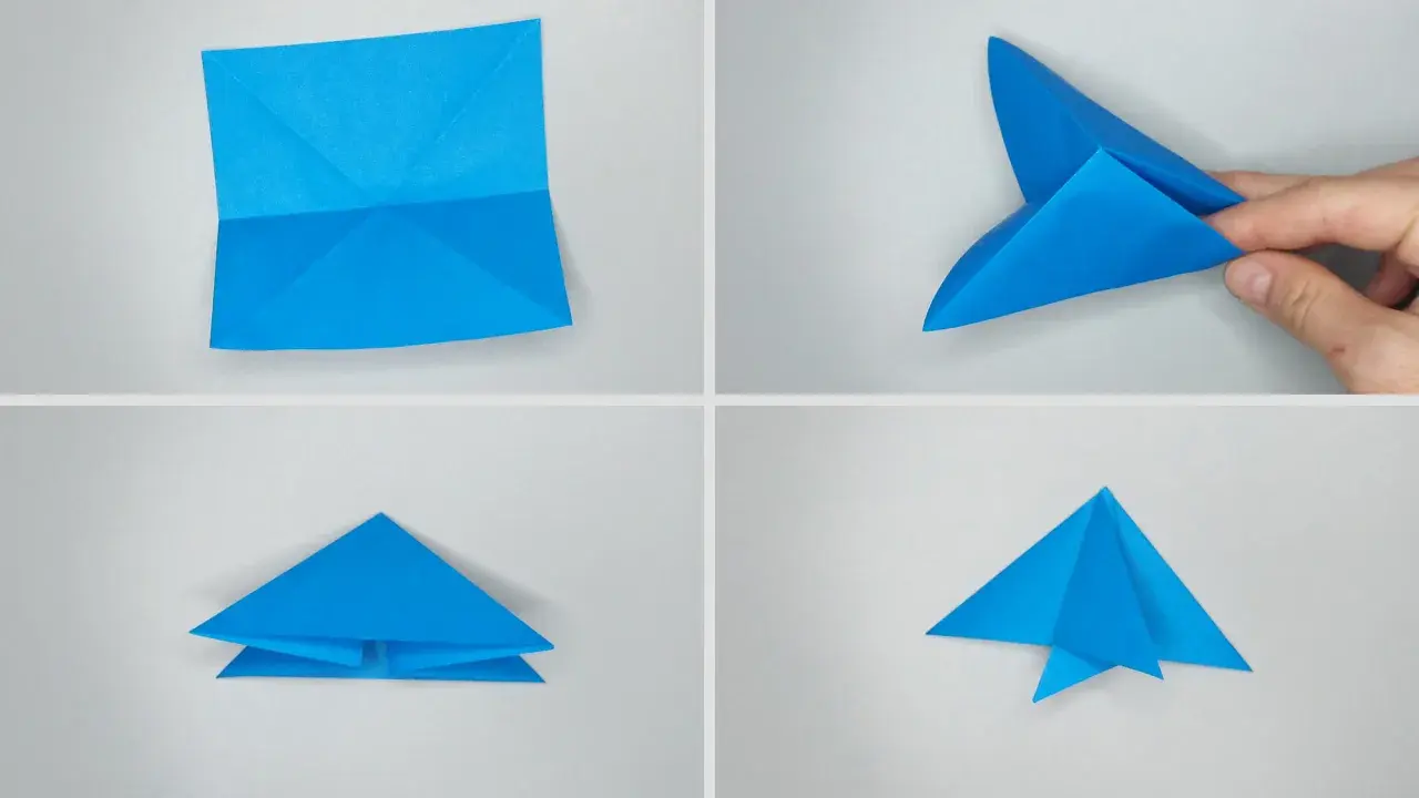 Pasos para papiroflexia para niños: un avión de papel azul se pliega en cuatro etapas.