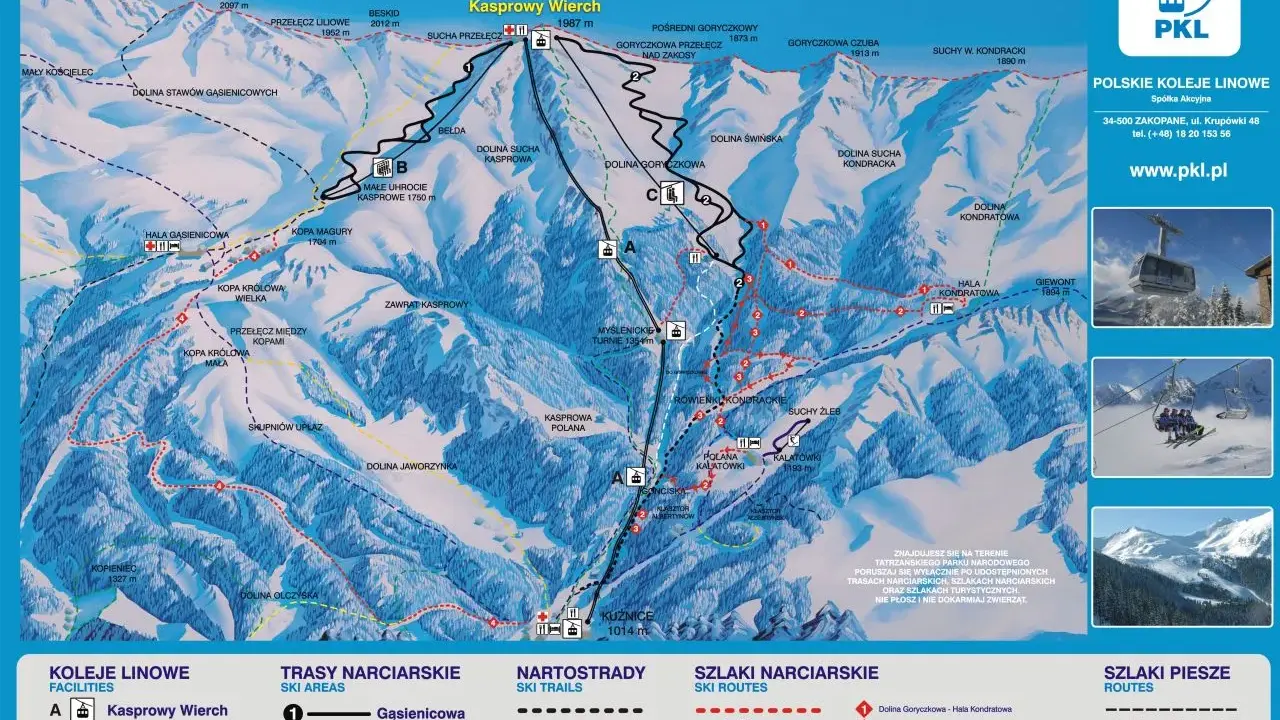 Mapa tras narciarskich w rejonie Kasprowego Wierchu. Pokazuje szlaki, wyciągi i punkty widokowe.