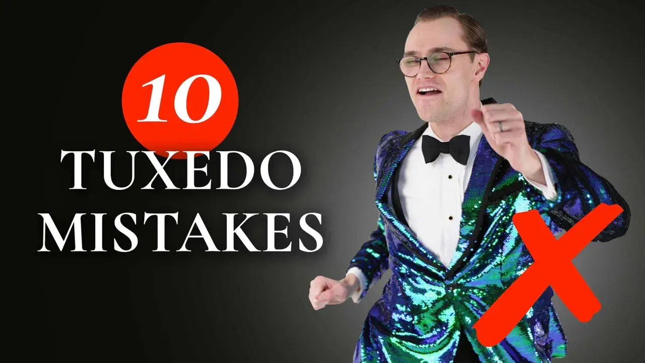Man in a sparkly tuxedo jacket with a red X, illustrating what to wear to a black tie event and common tuxedo mistakes.