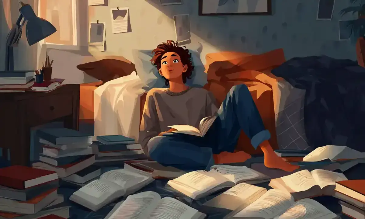 Ein junger Mann sitzt inmitten von Büchern, vertieft in seine Lektüre. Das warme Licht der Abendsonne beleuchtet den Raum, während er sich auf das Lernen konzentriert, fast wie im **gerondif französisch**.