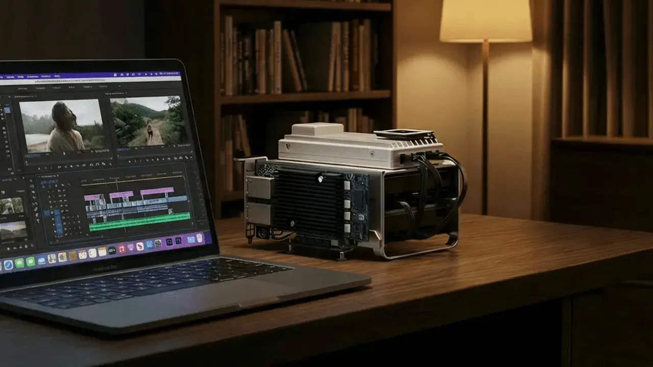 Un ordinateur portable affiche un logiciel de montage vidéo. À côté, un appareil complexe, peut-être un NAS, est connecté.