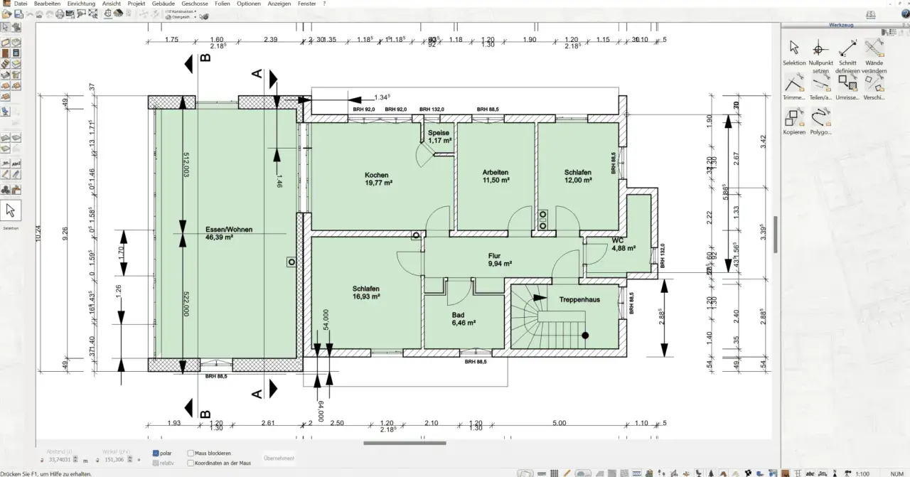 Bauzeichnung Grundriss eines Hauses mit Räumen wie Essen/Wohnen, Kochen, Schlafen, Bad, WC, Flur und Treppenhaus.