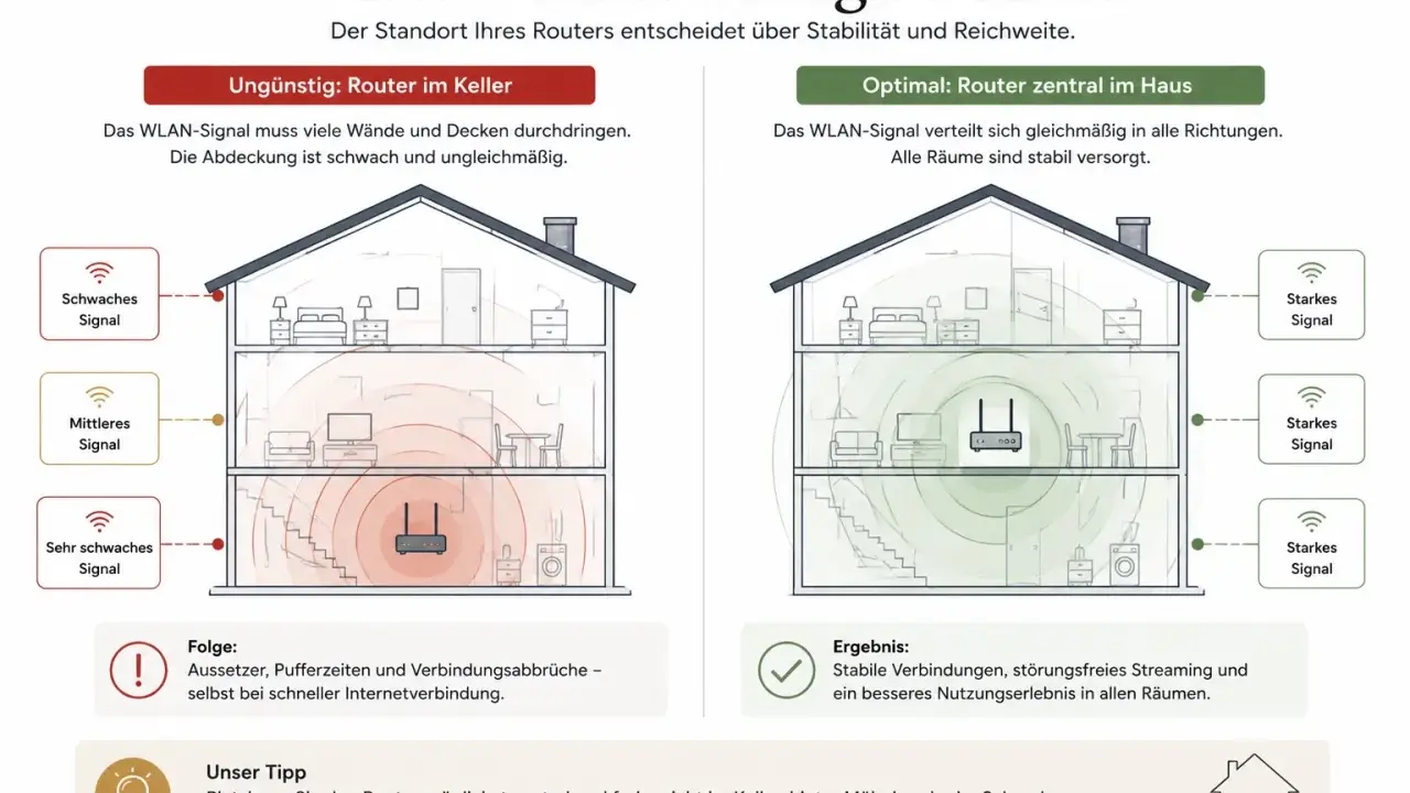 Vergleich der WLAN-Ausbreitung: Router im Keller führt zu schwachem Signal, zentral platziert zu starker WLAN-Reichweite in allen Räumen.