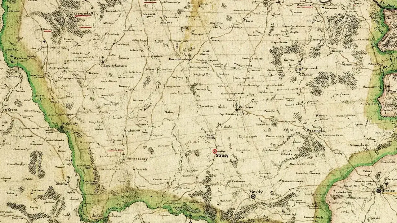 Mapa z XVIII wieku, gdzie jest Podlasie. Widoczne miasta: Drohiczyn, Sokołów, Węgrów, Mordy, Strusy.