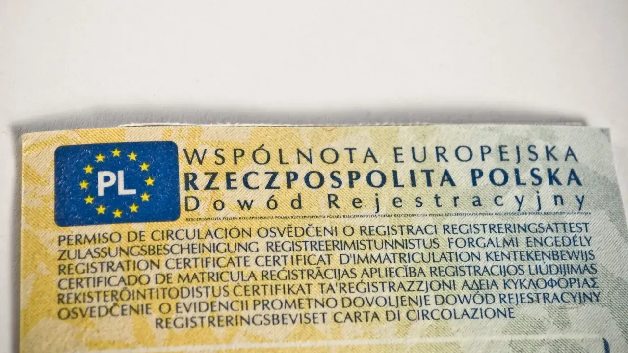 Fragment dowodu rejestracyjnego pojazdu z oznaczeniem PL i tekstem w wielu językach. Widać fragment numeru VIN w dowodzie.