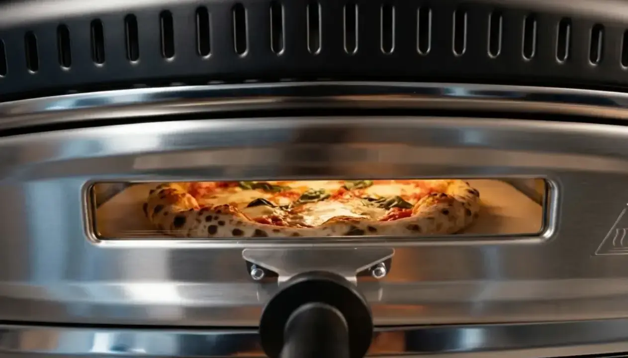 En perfekt vedugnsbakad pizza med bubblig kant och färska örter gräddas i en modern ugn.