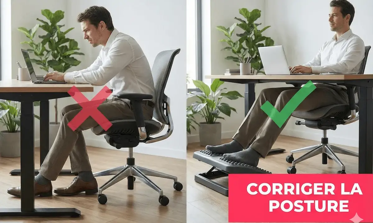 Un homme travaille à un poste de travail. La partie gauche montre une mauvaise posture, la droite une bonne posture avec repose-pieds.