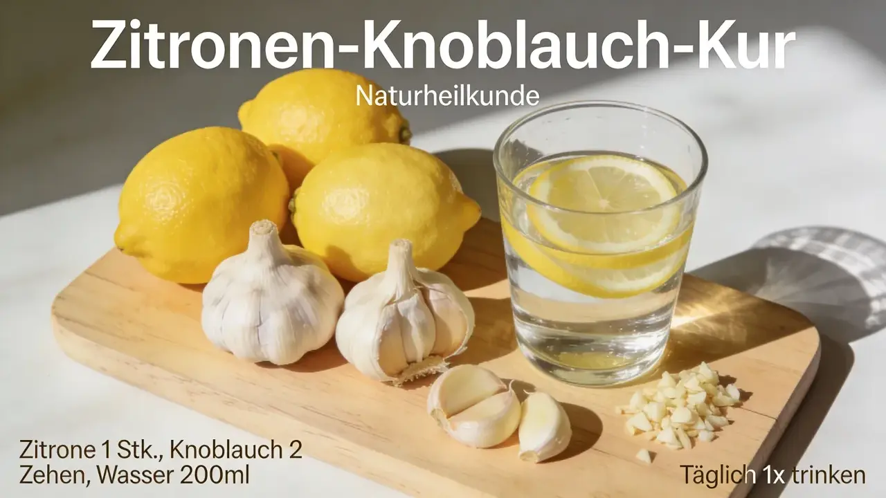 Zitronen-Knoblauch-Kur: Ein Glas Wasser mit Zitrone, Knoblauchzehen und gehacktem Knoblauch. Ein einfaches Rezept für Wohlbefinden.
