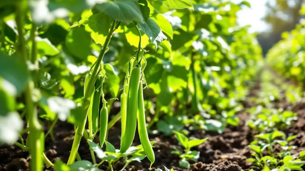 Des haricots verts mûrs pendent des tiges vertes. La récolte des haricots verts est un processus continu, demandant plusieurs passages pour cueillir les gousses à maturité.