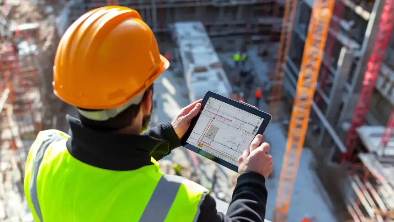 Ingeniero con casco naranja y chaleco reflectante revisa planos en tablet. Asegura el control de calidad en construcción.