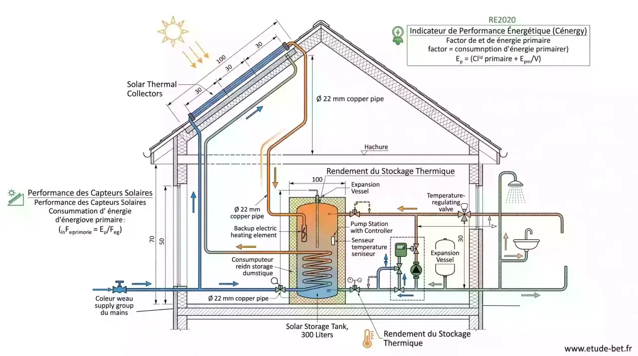 Schéma d'une installation de chauffe eau solaire avec capteurs sur le toit, réservoir de stockage et raccordements pour l'eau chaude sanitaire.