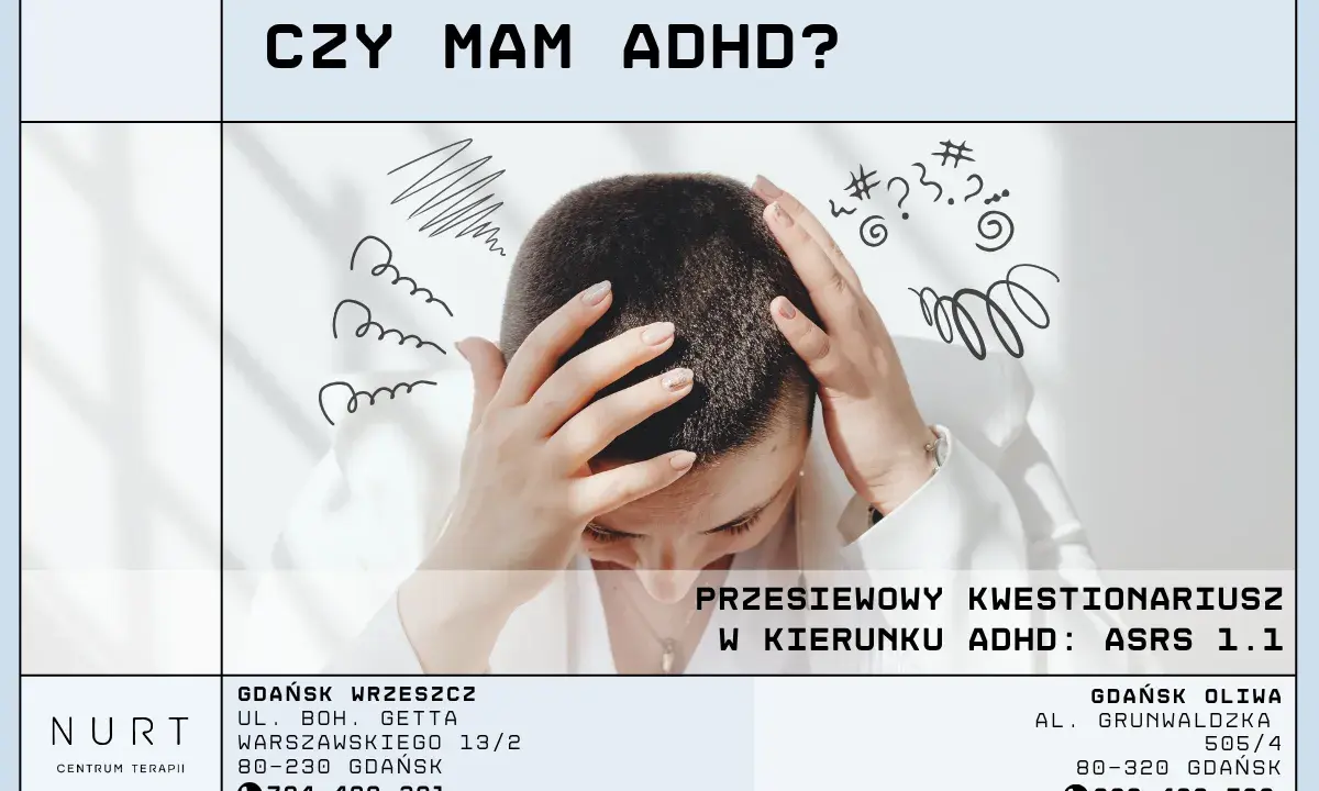 Kobieta z rękami na głowie, otoczona chaotycznymi rysunkami symbolizującymi zamęt myśli. Pytanie "Czy mam ADHD?" i informacja o kwestionariuszu ASRS 1.1.