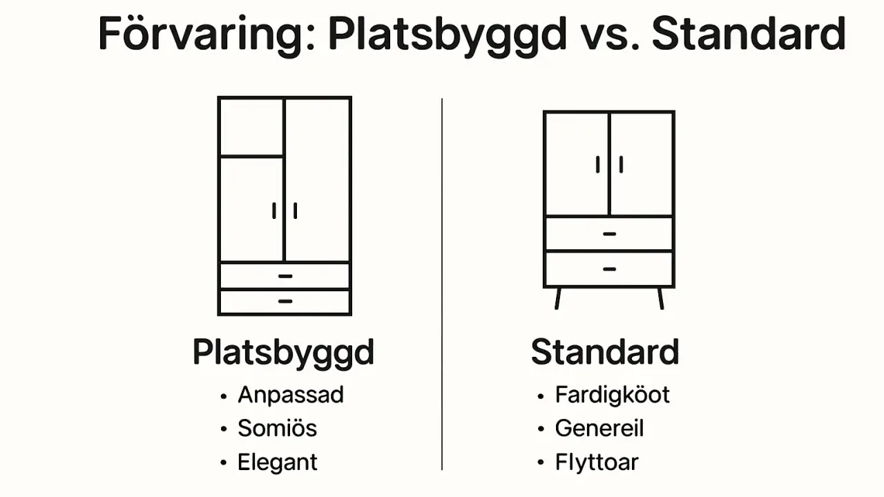Illustration av ett platsbyggt skåp med anpassad, somiös och elegant design, jämfört med ett standard skåp.