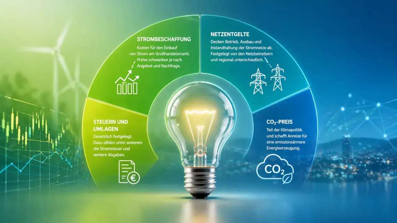 Glühbirne im Zentrum, umgeben von Kreissegmenten, die Strombeschaffung, Netzentgelte, Steuern/Umlagen und CO2-Preis erklären. Ein Diagramm zur Strommarktreform.