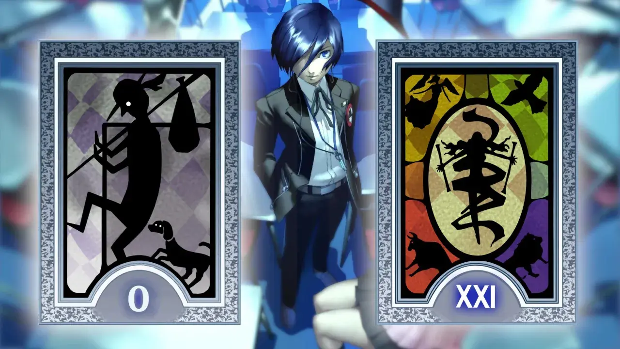 Postać z gry Persona 3, między kartami tarota: 0 - Wędrowiec z psem, i XXI - Świat.