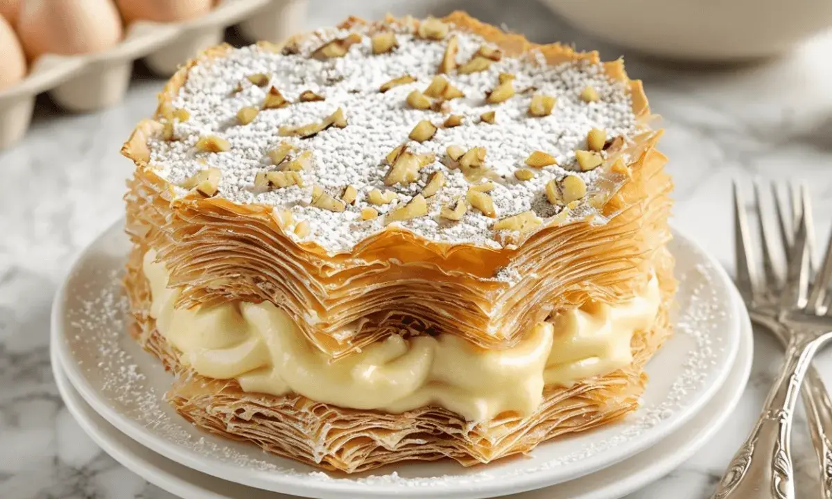 Deliciosa tarta árabe de capas crujientes y crema pastelera, espolvoreada con azúcar glas y nueces.