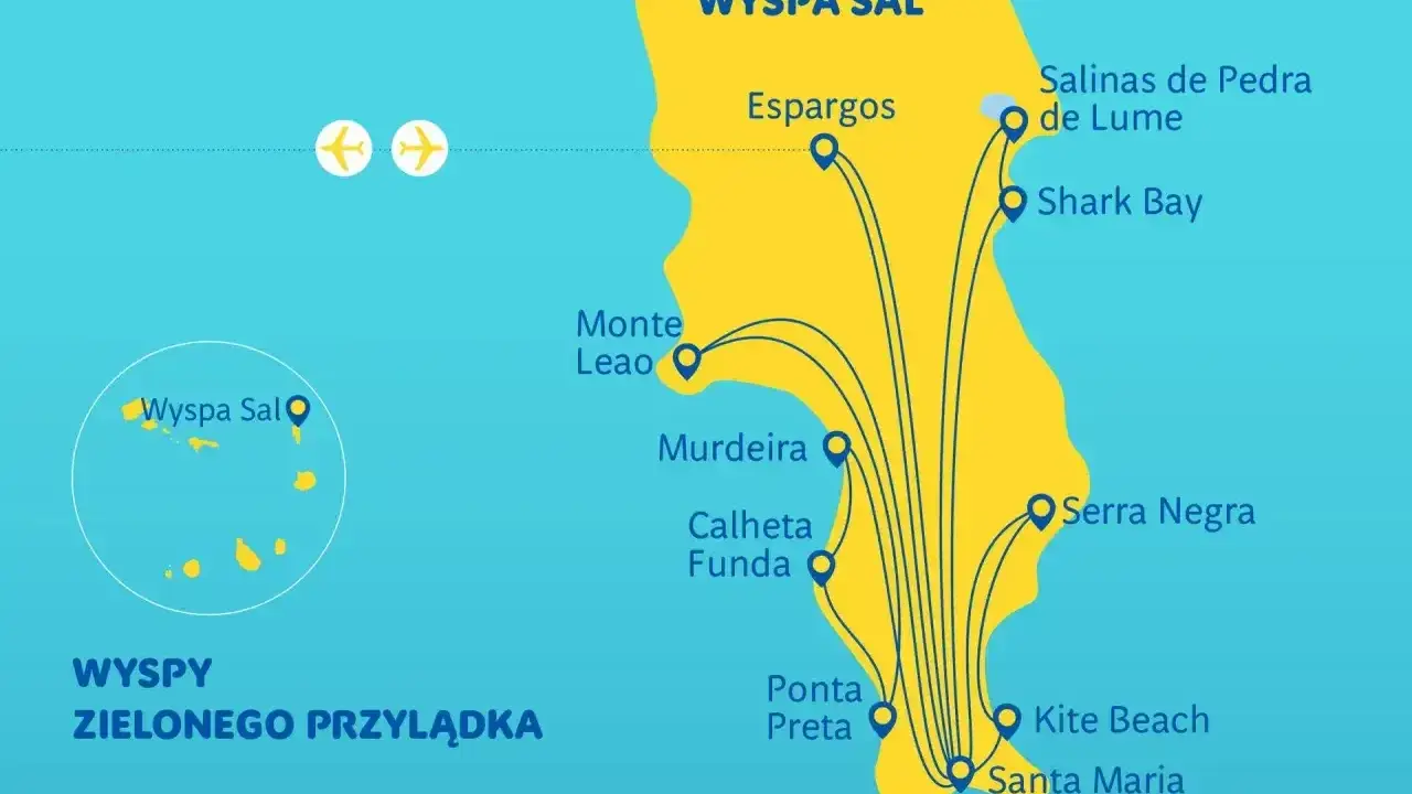 Mapa turystyczna Wyspy Sal, jednej z wysp Zielonego Przylądka, z zaznaczonymi atrakcjami: Espargos, Santa Maria, Kite Beach.