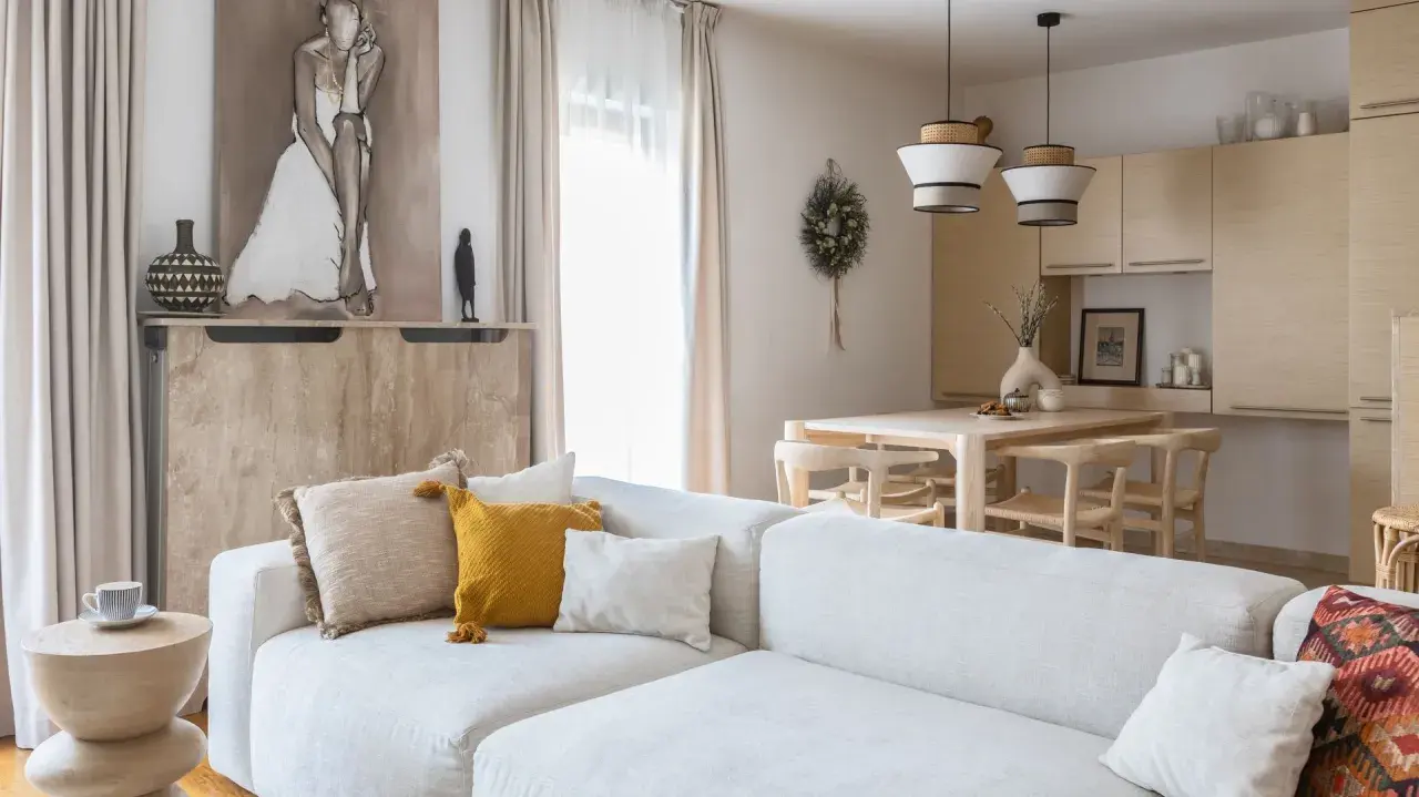 Jasny salon z sofą, stołem i krzesłami w stylu modern organic.