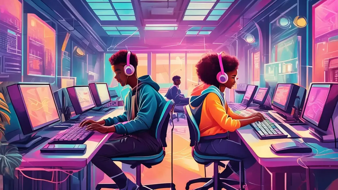 Deux jeunes créent de la musique avec un logiciel musique gratuit dans un studio futuriste aux néons roses et bleus.