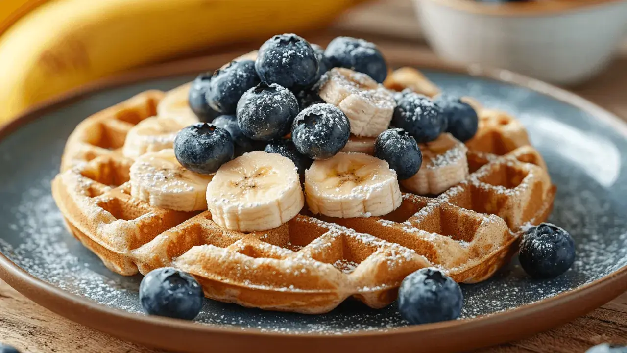 Goldbraune Bananenwaffeln mit Blaubeeren und Bananenscheiben, bestäubt mit Puderzucker. Ein köstlicher Genuss!