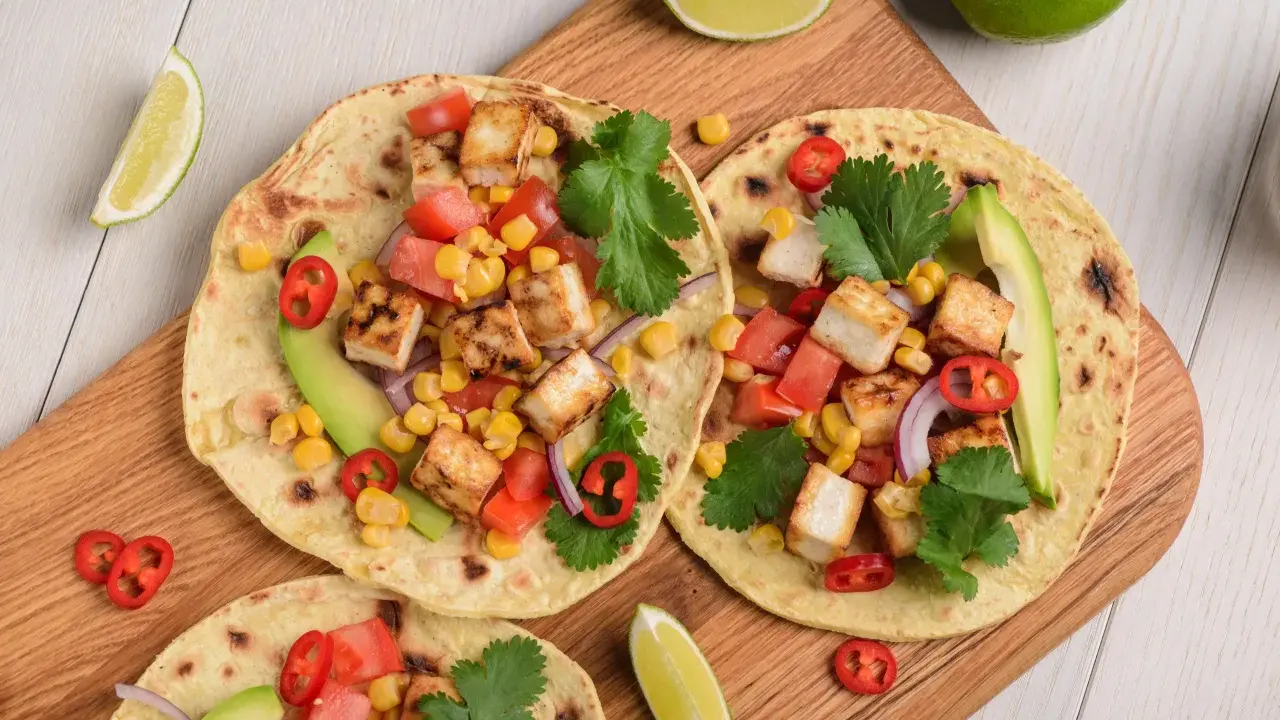 Lekkie tacos z grillowanym tofu, kukurydzą, pomidorami i awokado – idealne, gdy zastanawiasz się, co można zjeść na obiad dietetyczny.
