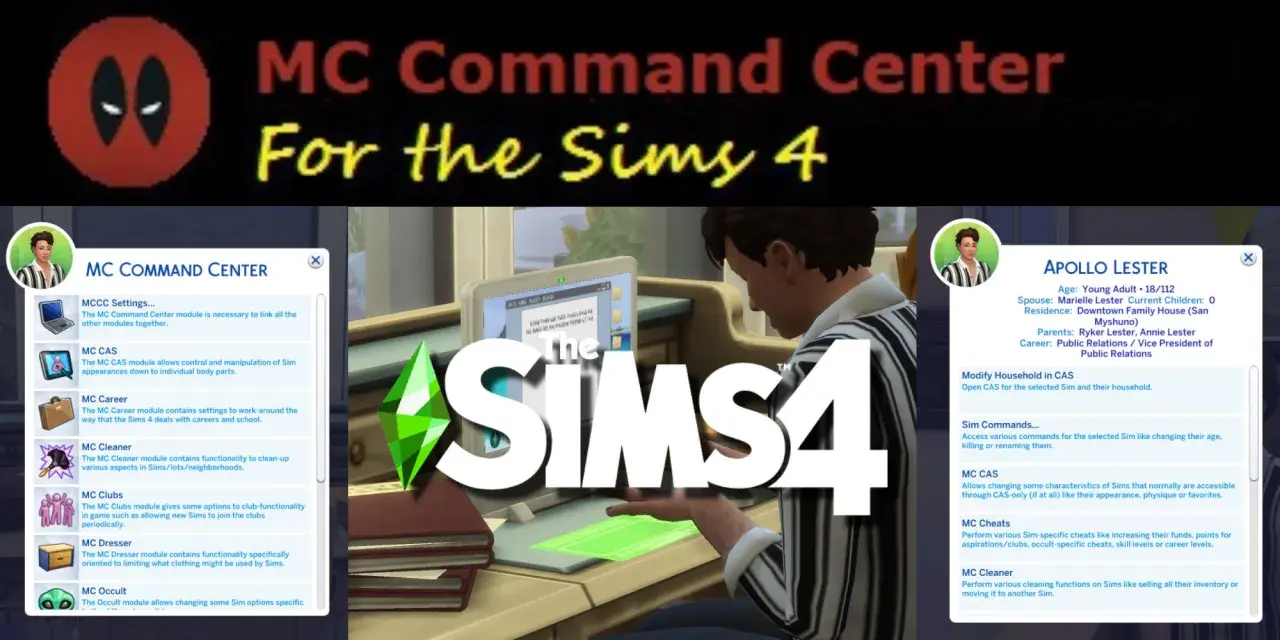 Interfejs MC Command Center w The Sims 4, z opcjami modyfikacji Simów i karier. Wygląda na to, że MC Command Center nie działa poprawnie.