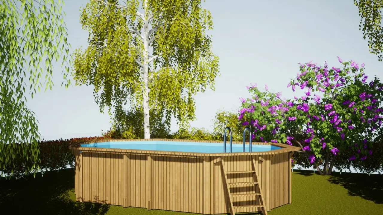 Piscine hors sol en bois avec échelle, entourée de verdure et de fleurs. Un bel espace pour se détendre, en respectant la réglementation piscine.