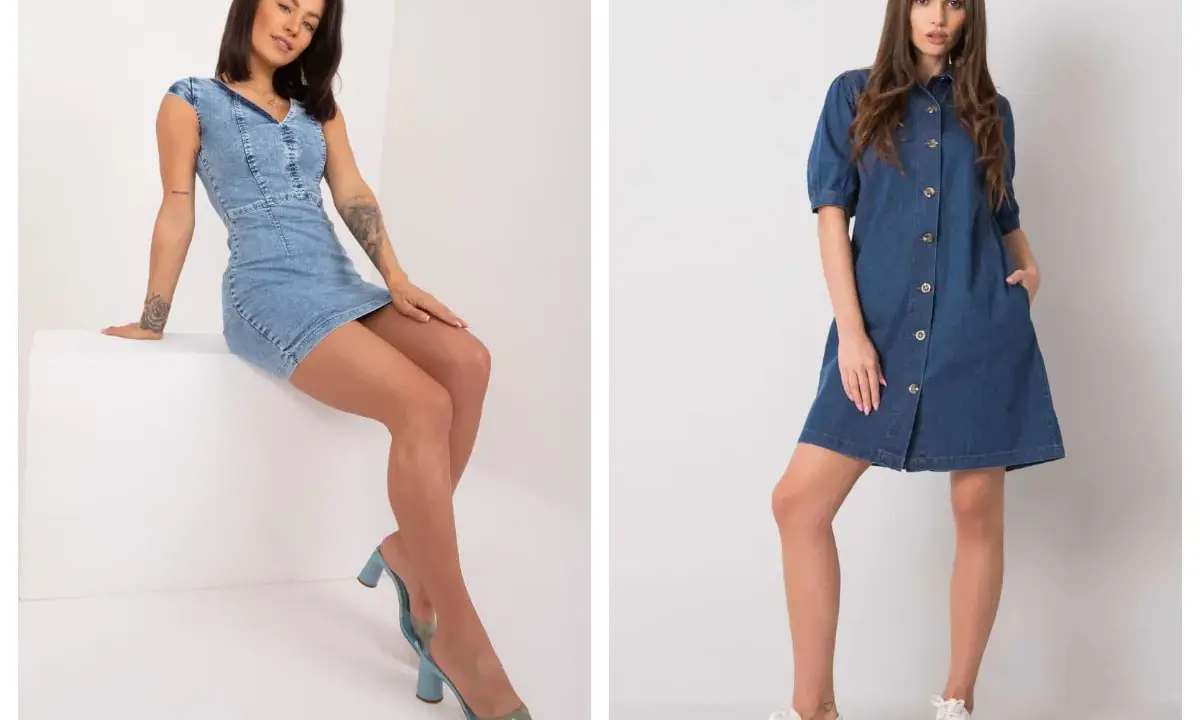 Dwie stylizacje z jeansową sukienką: obcisła z sandałkami na obcasie i rozkloszowana z trampkami. Idealne inspiracje, jakie buty do jeansowej sukienki.