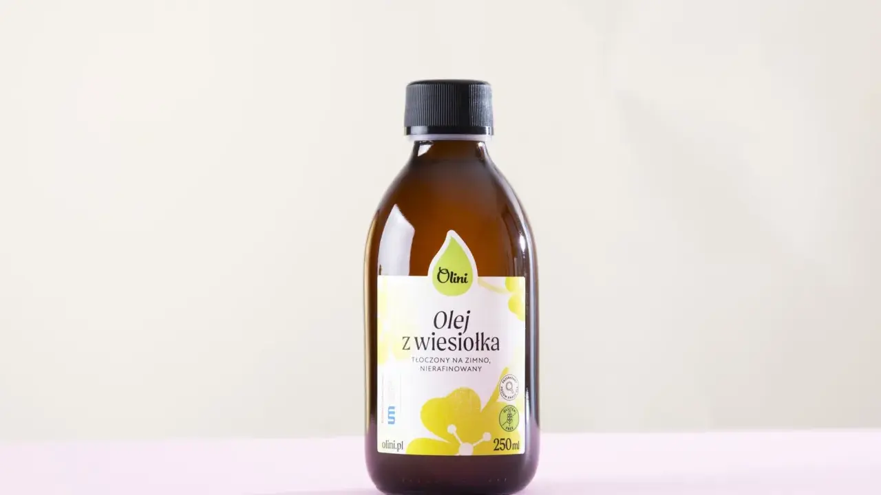 Olej z wiesiołka Olini, tłoczony na zimno, nierafinowany. Wspiera zdrowie skóry i łagodzi objawy PMS. 250 ml.