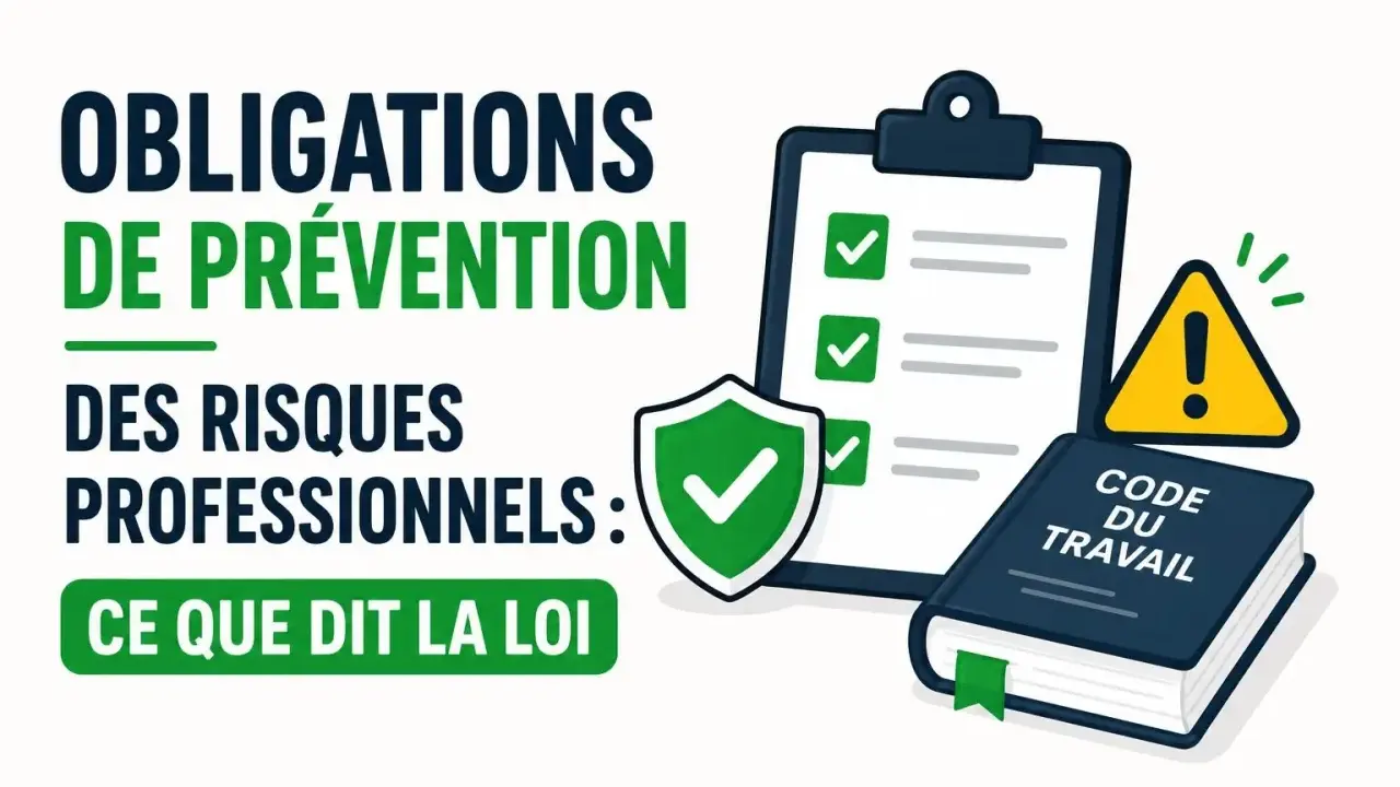 Obligations de prévention des risques professionnels : un tableau de bord, un bouclier, un panneau d'avertissement et le Code du travail illustrent la loi.