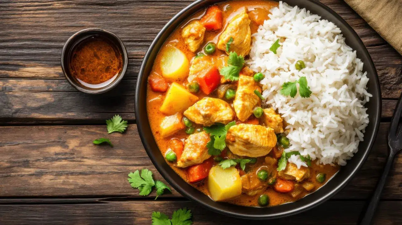 Kurczak w sosie curry z ryżem i warzywami. Idealne danie z 7 pomysłów na obiad.